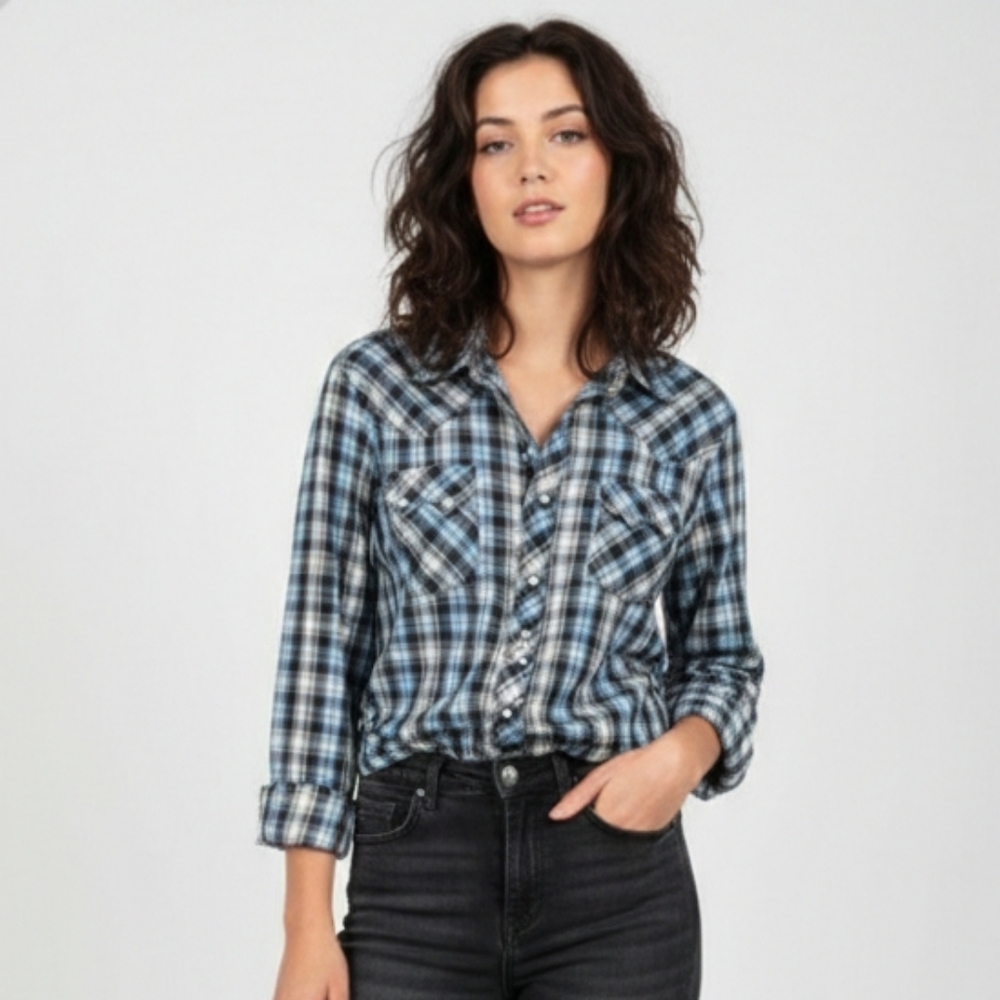 Wrangler Blue Gray Plaid Pearl Snap Shirt Western Rodeo Ranch Workwear Unisex XL